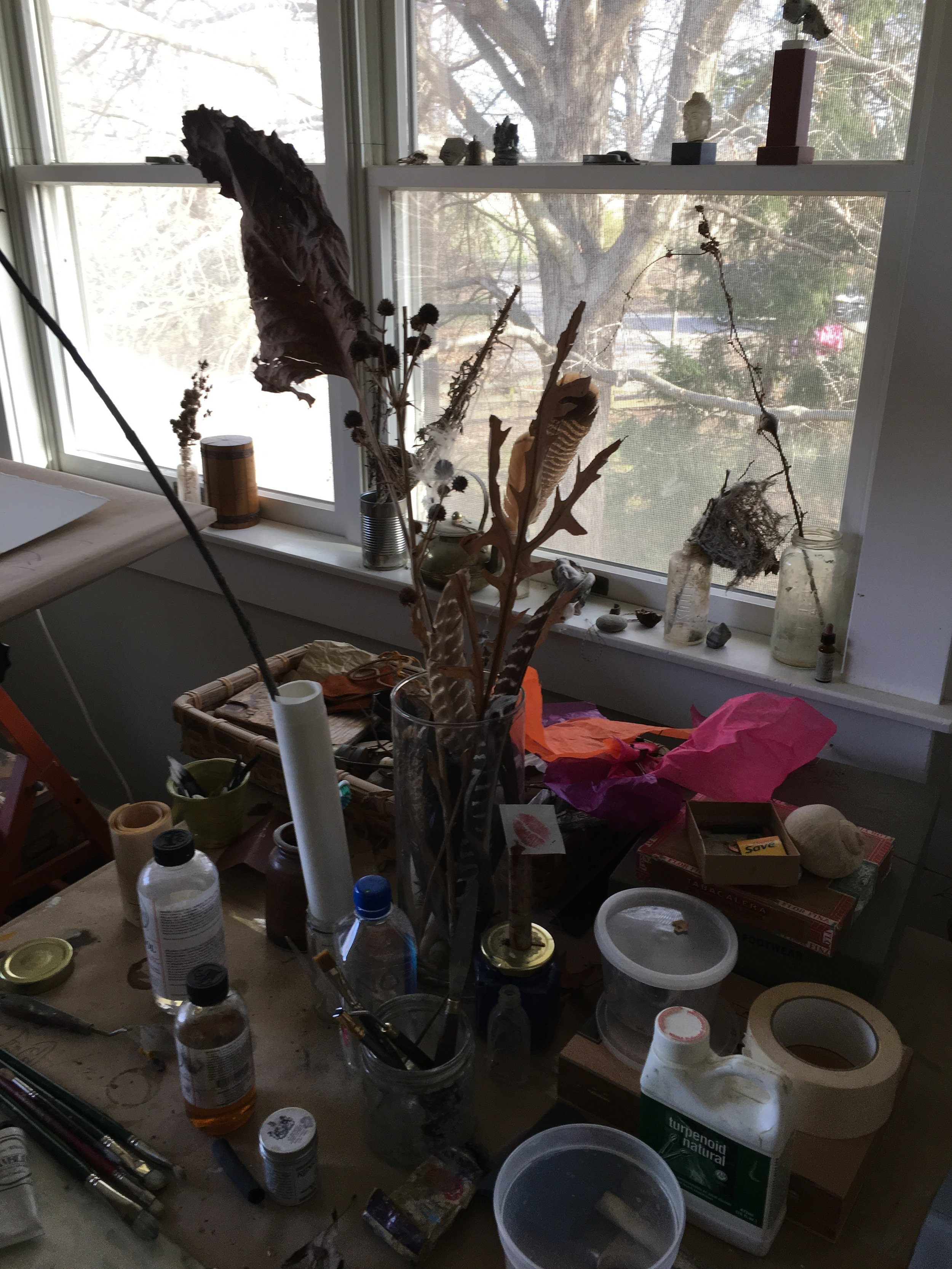  A collection of natural artifacts and artist supplies in Thomas Joseph’s studio in New Brunswick, Canada. 