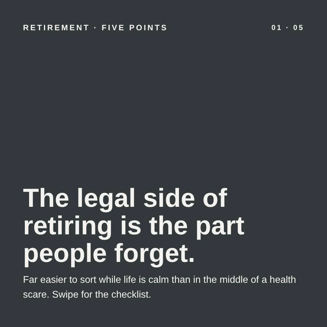 Five things to tick off before you retire. None of them take long, and most stay done for years once sorted. Swipe through the checklist, then book a review with our team in Kohimarama or East Tamaki &mdash; 09 272 0002. Claire writes about the one p