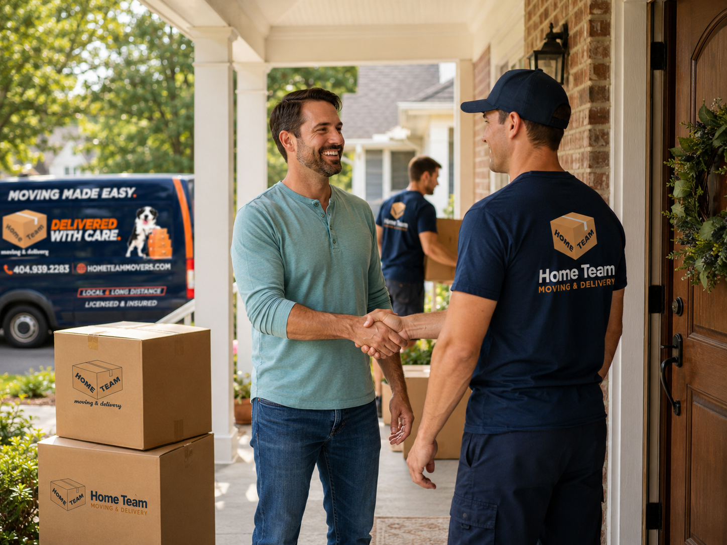 A moving company worker shakes hands with a customer on a porch, with moving boxes and a branded moving van in the background.