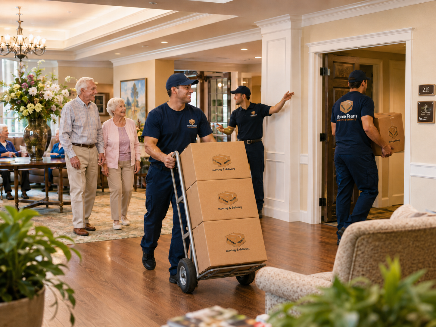 Home delivery workers unload moving boxes in a senior living center, while elderly residents watch and smile.