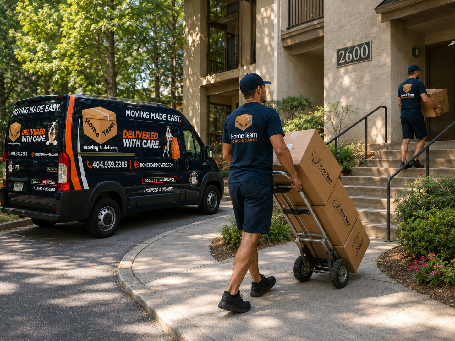 Home Team movers unloading brown boxes from a cart in front of a residential building.