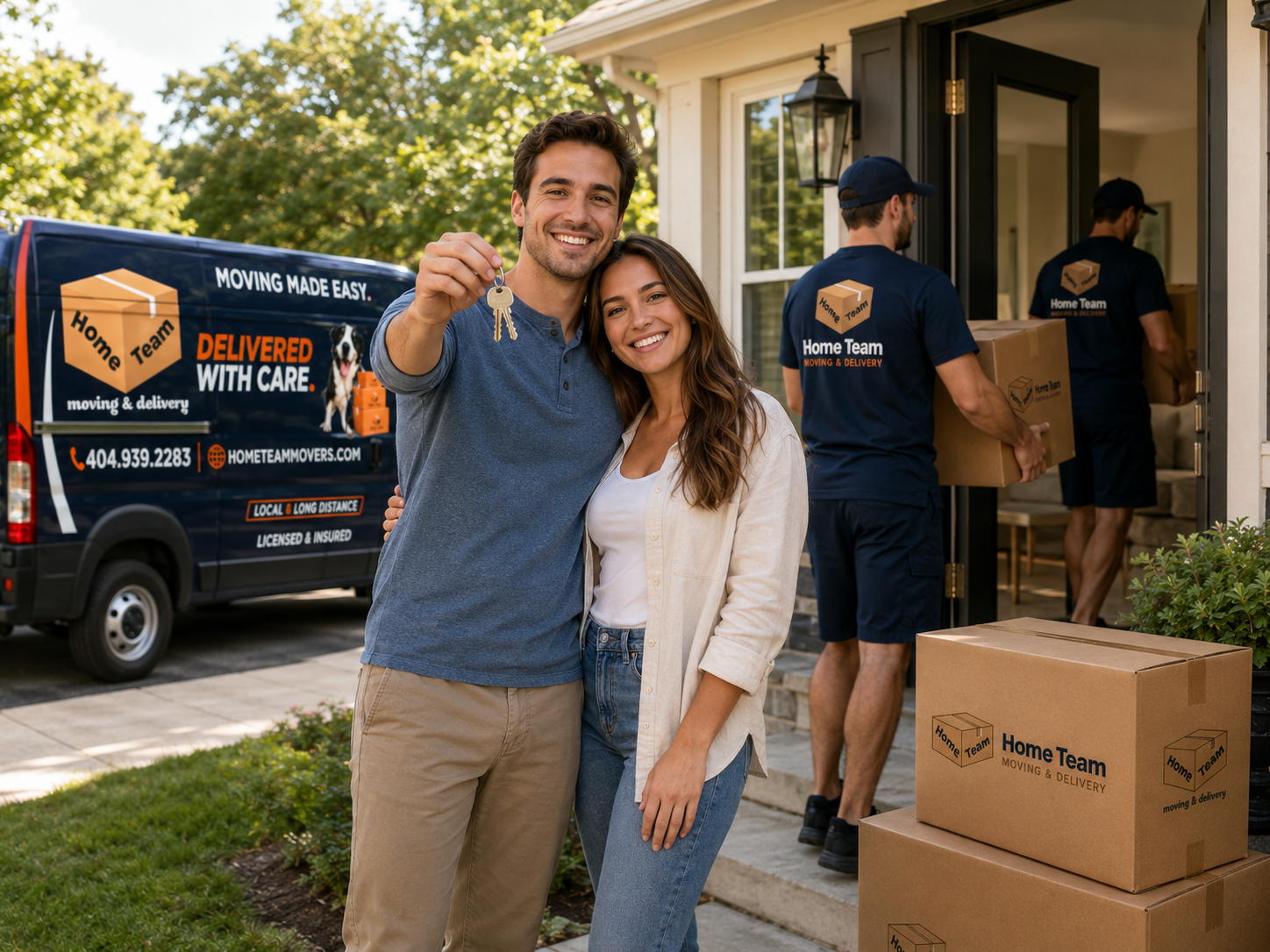 A happy couple standing in front of their house holding a key, with movers unloading boxes from a moving truck in the background.