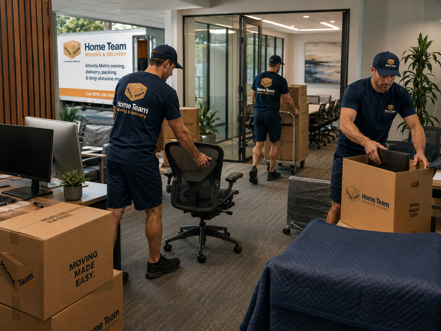 Three movers from Home Team moving and delivering, packing boxes inside an office. Two of them are handling computer equipment, while the third is pushing a cart loaded with boxes. They are wearing navy blue uniforms with the company's logo.