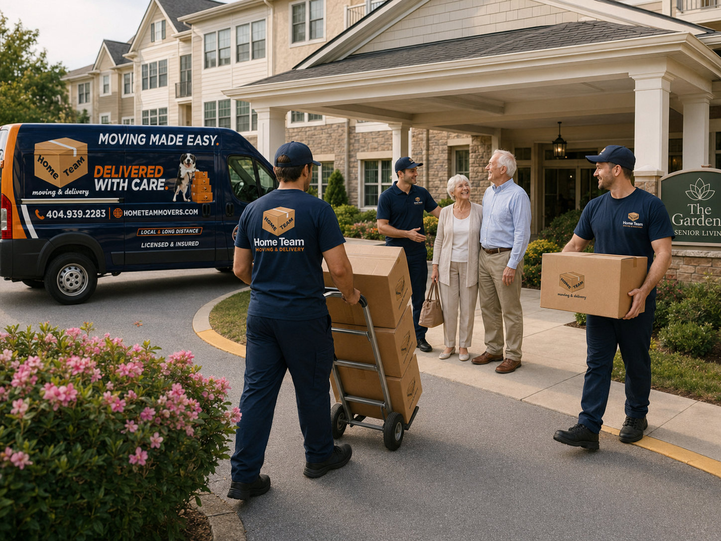Moving company workers unloading boxes in front of an elderly couple outside their residential building.
