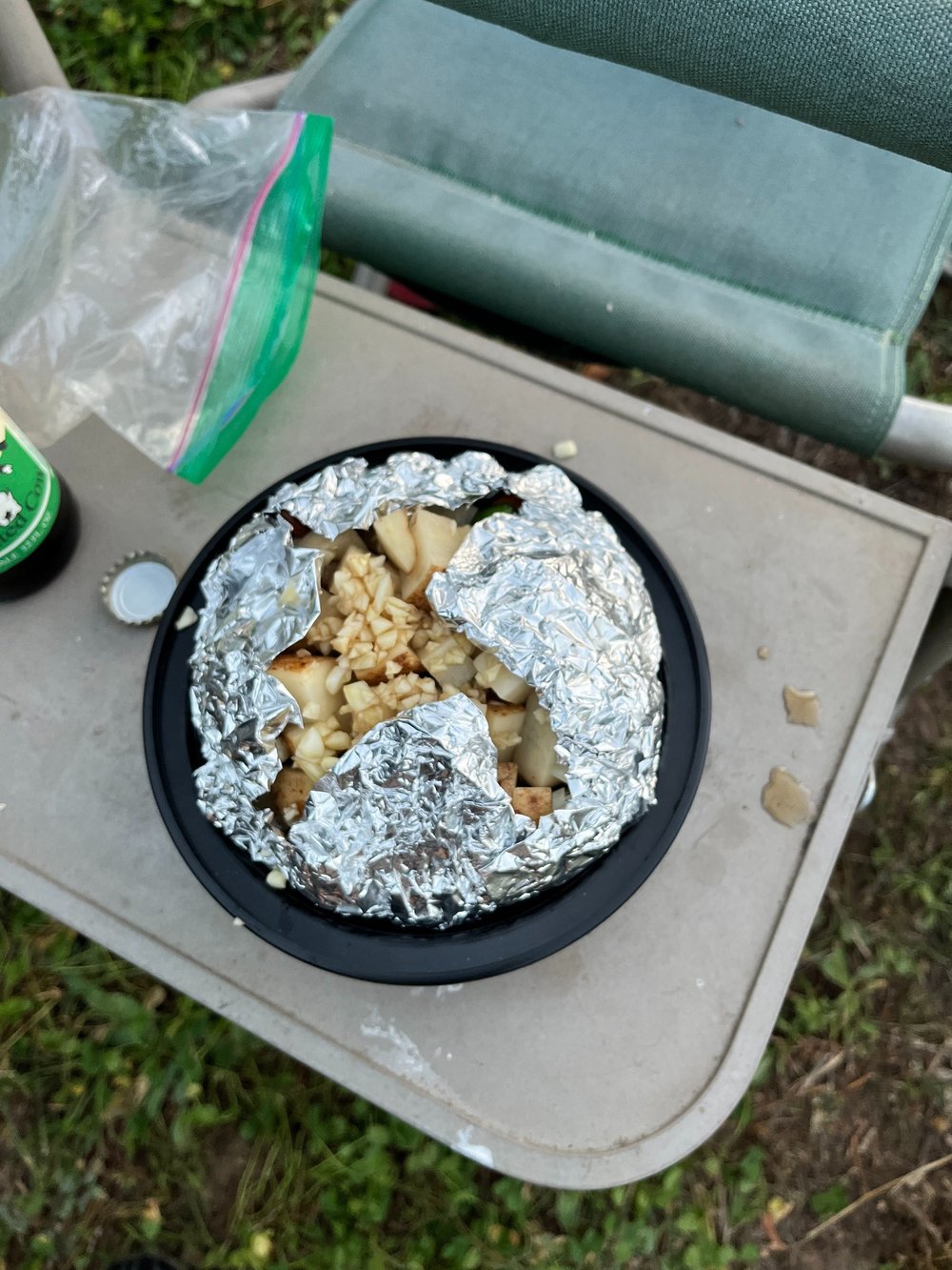 Messy food on a table. Sometimes, camping dinner sometimes isn't pretty. 