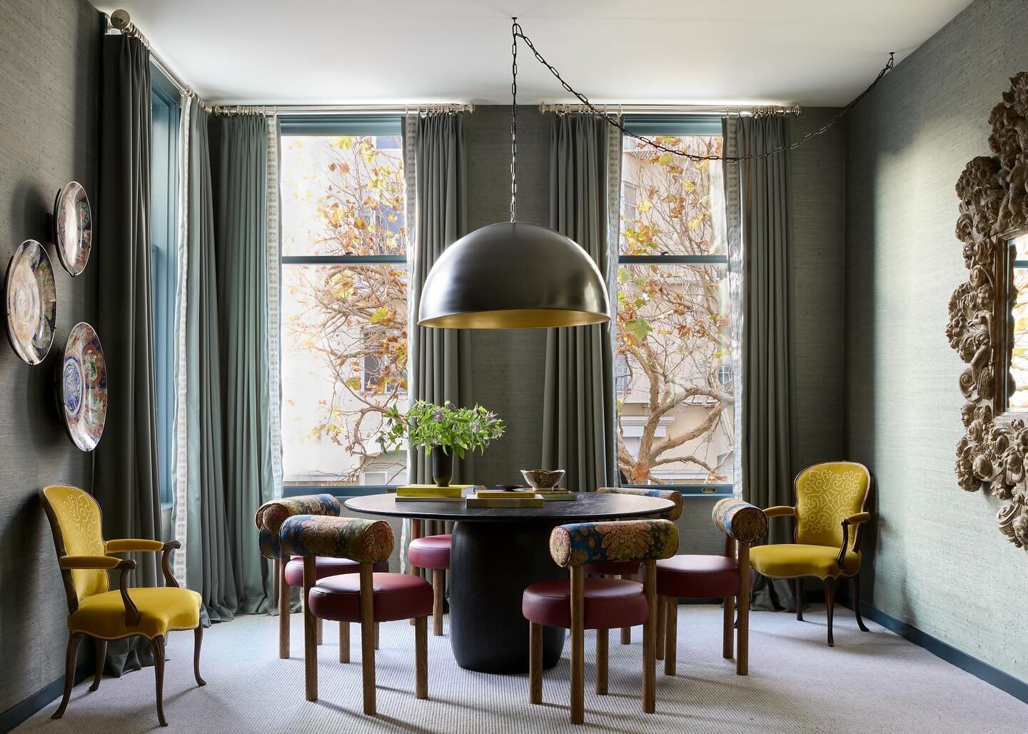 Excited to share a recently completed dining space within a client&rsquo;s guest flat. The multi-color ombr&eacute; jacquard bolster back chairs and the stately-sized wooden carved Italian mirror are tied in my mind for favorite elements of this spac