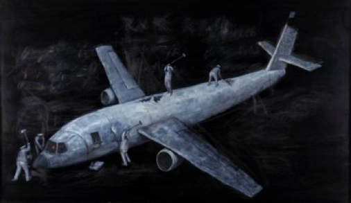 Wu Junyong, Fuck aircraft, oil on wooden board resembling slate160 x 200cm,.png