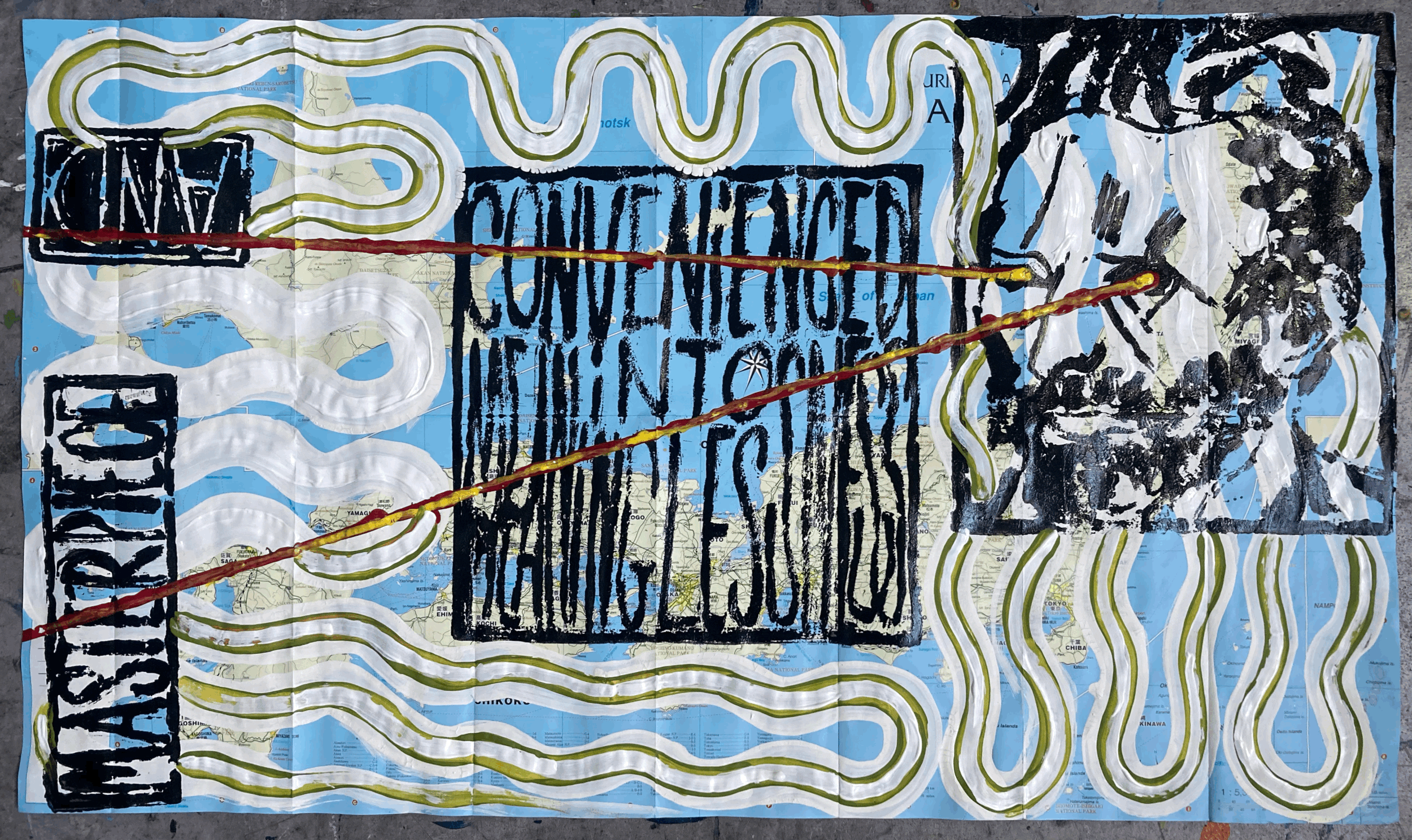 Kit Brown, Convenienced into Meaningless, woodblock print and acrylic on map, 60 x 80 cm approximately, 250 euross