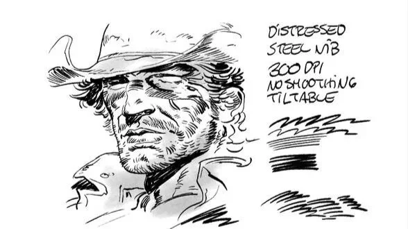 Sketch of a rugged cowboy wearing a hat, with notes indicating a distressed steel hip and 300 rounds per minute shooting capacity.