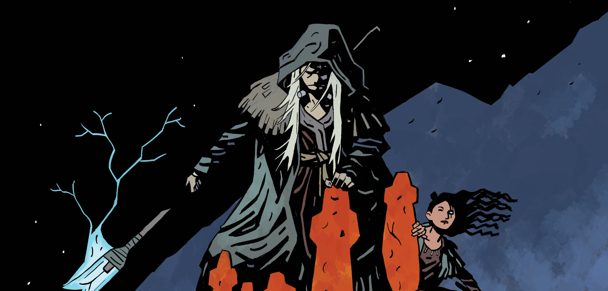 Frankenstein and Lilja on a dark journey through a stormy landscape