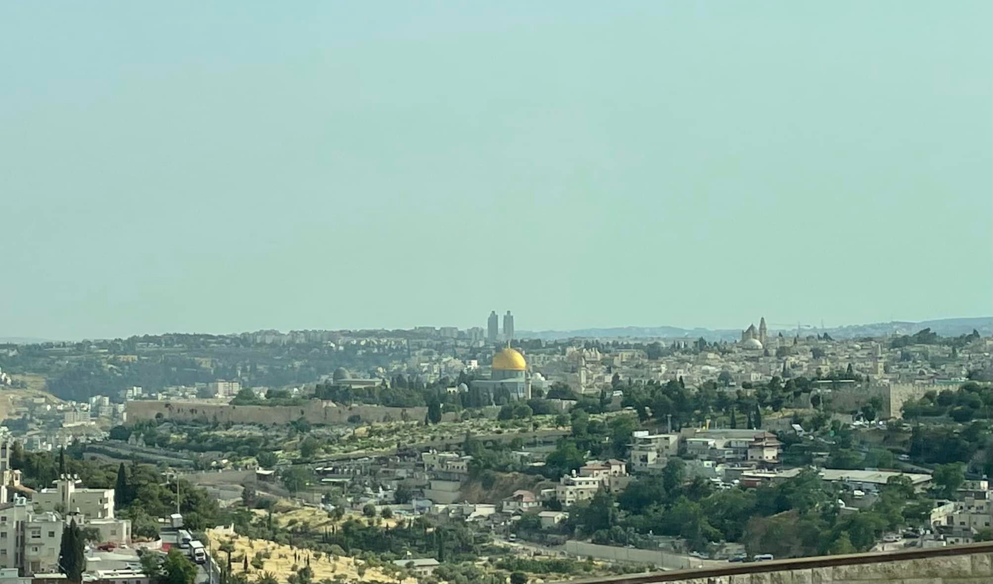  This is looking south to the heart of Jerusalem. That center is the Dome of the Rock, a Muslim temple which stands where the Temple of Solomon stood. 