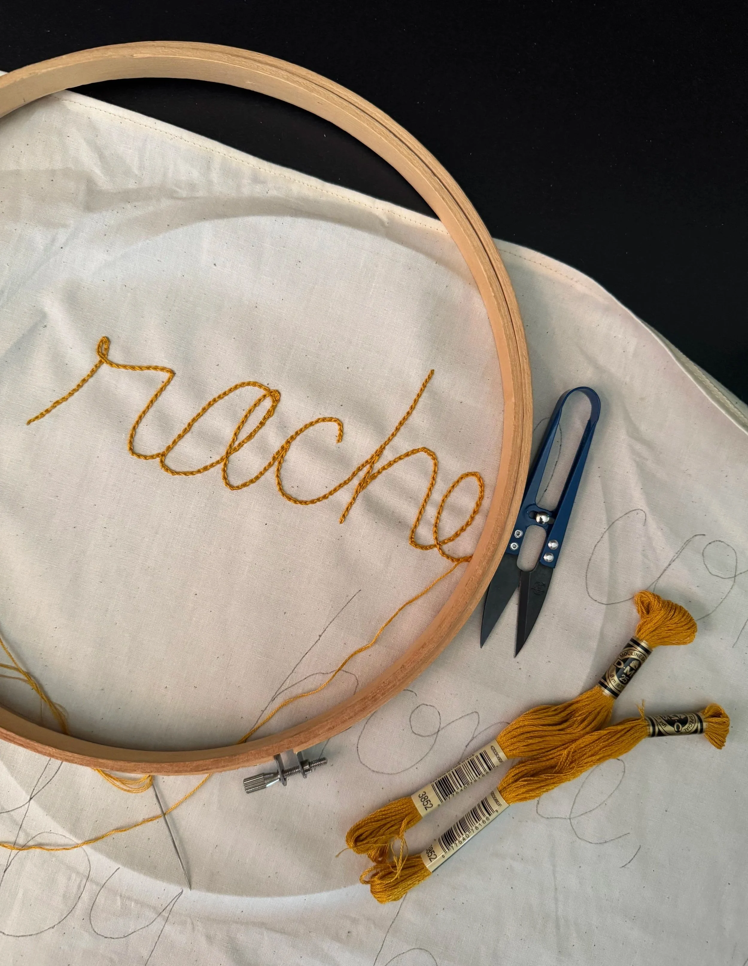 In-progress chain stitch embroidery by textile artist Rachel Connor