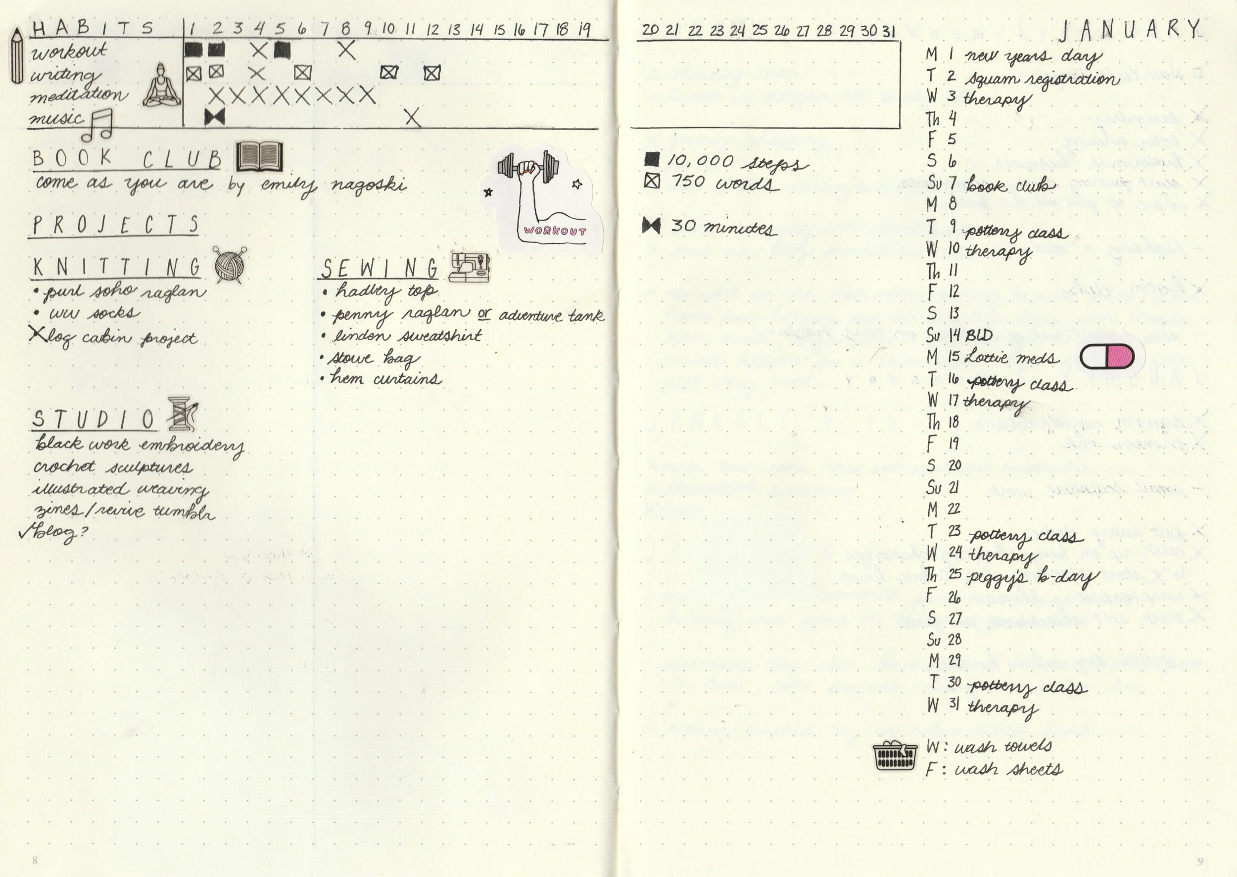 I begin every month with some version of this basic layout: Habit tracking, project planning, and and calendar overview with major events and appointments. I refer to this spread throughout the entire month, and at the end of the month transfer any incomplete projects to the spread for the following month. You'll see that in 2017 I used the lined journal from Leuchttrum1917 , and this year I've switched to the dotted version; I find that the dotted journal is more flexible in terms of layout possibilities, All Leuchttrum1917 notebooks have a built in Index.