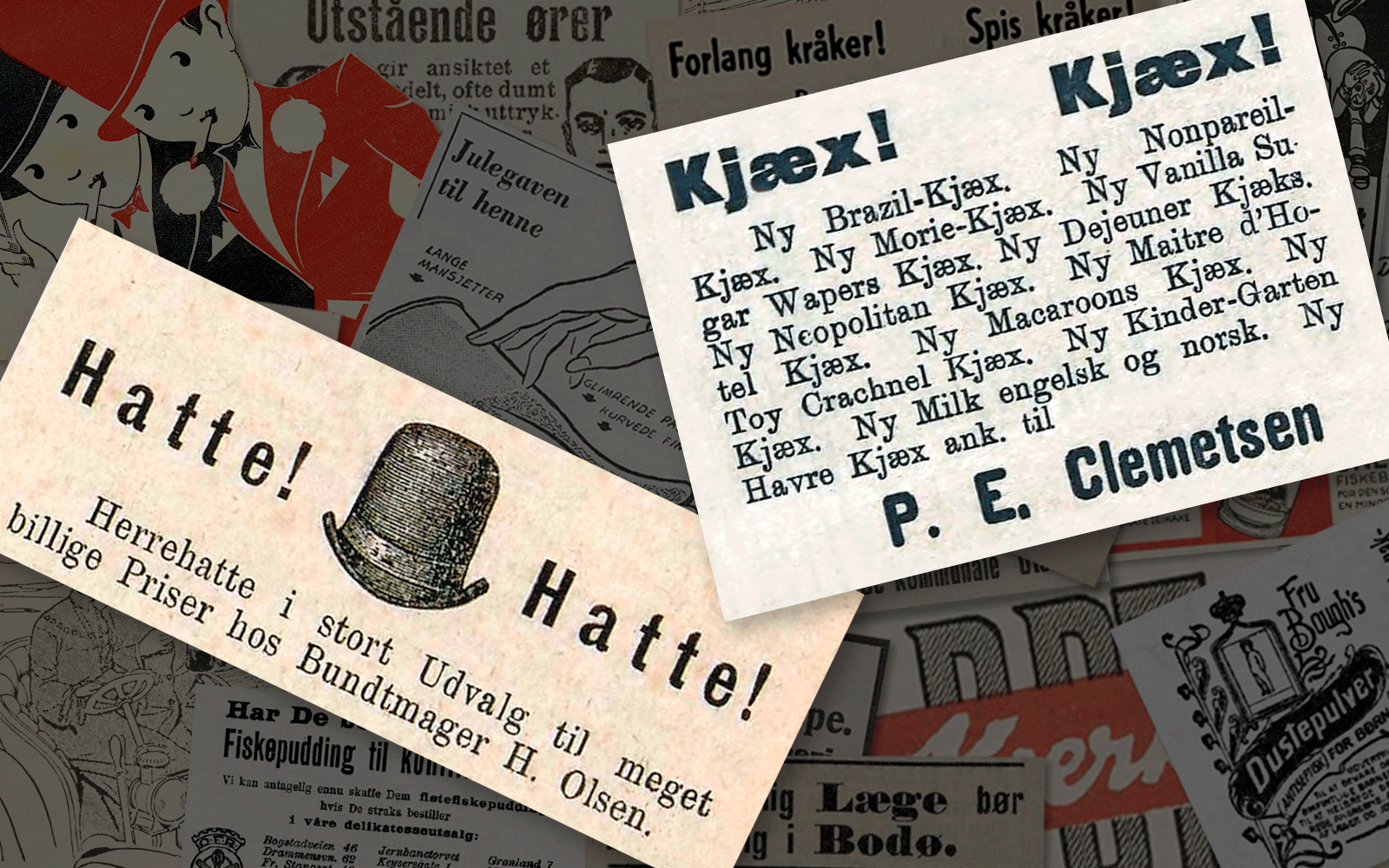 KJÆX, KJEX, KÆX, KEX, KEKS, KJEKS OG ATTER KJÆKS: Kjeks var åpenbart svært populært på slutten av 1800- og starten av 1900-tallet, og stavemåtene var like varierende som bruken av utropstegn og gjentakelser var utstrakt. I boken Erfaren jomfru ønskes strax har Håvard Mossige funnet en rekke morsomme varianter av kjeksannonser, inkludert én der ordet Kjæks! opptrer 13 ganger i en annonse på 18 ord!