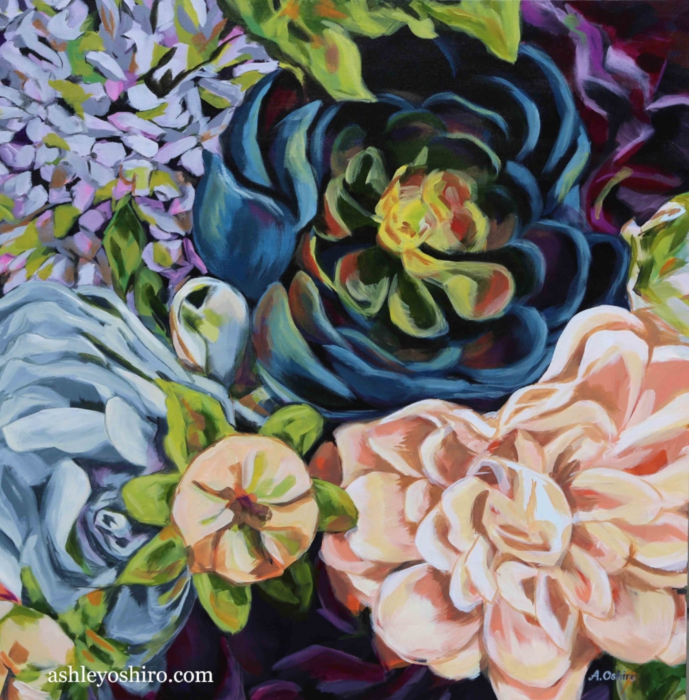 'Mysterious', Acrylic Painting of dark blue succulent flower 