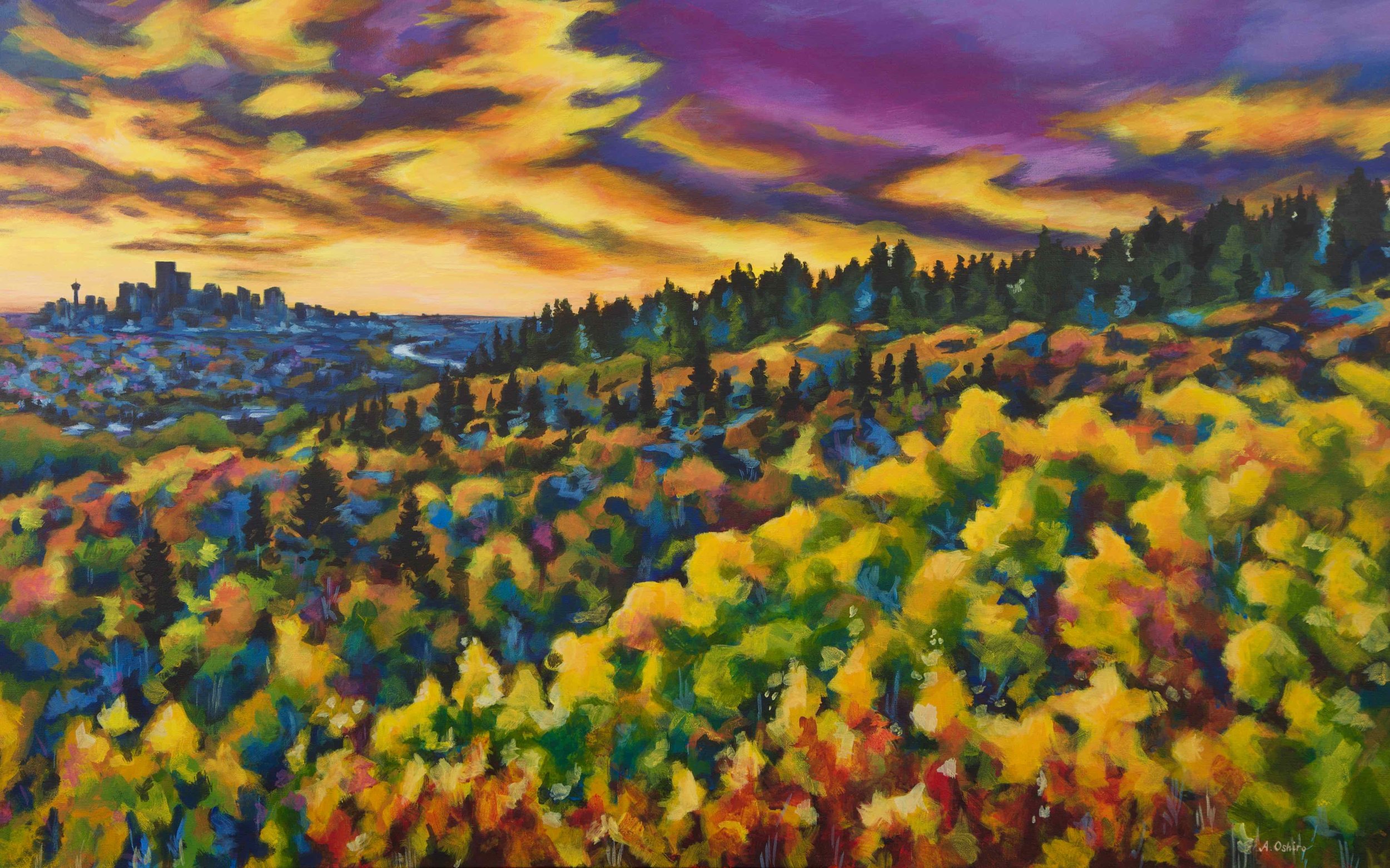 "Calgary Autumn", Acrylic painting of fall landscape with Calgary downtown cityscape in background, fall coloured landscape, by Ashley Oshiro, Calgary, Alberta, Local Fine Artist, Original Art