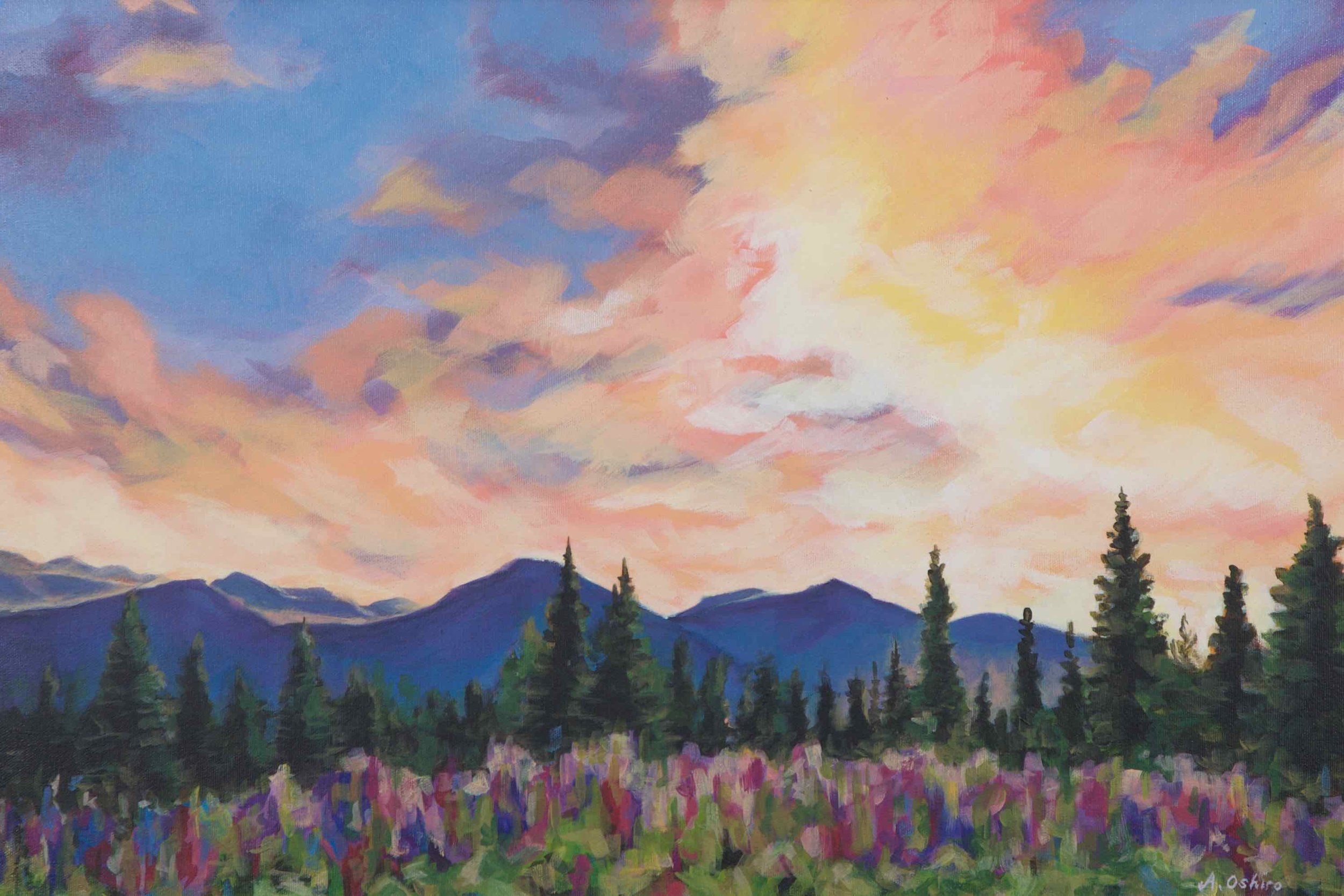 "Radiant Sky", Acrylic Painting of Mountains, trees and purple lupine flowers against big sky with purple, orange and pink clouds, by Ashley Oshiro, Calgary, Alberta, Local Fine Artist, Original Art