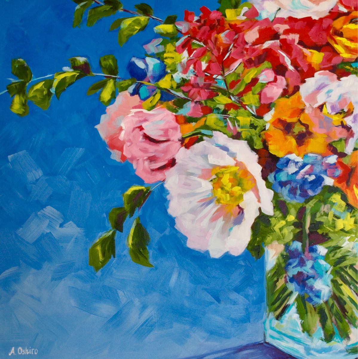 '"Brilliant'', Acrylic Painting of Vase of colourful fresh flowers with rich blue background, by Ashley Oshiro, Calgary, Alberta, Local Fine Artist, Original Art