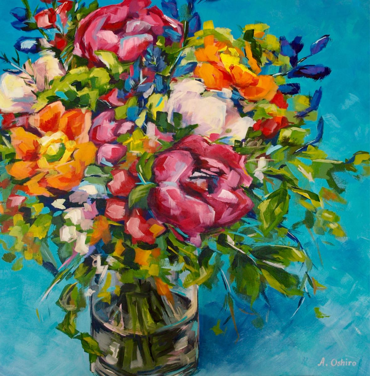 '"Bright'', Acrylic Painting of Vase of colourful fresh flowers with teal background, by Ashley Oshiro, Calgary, Alberta, Local Fine Artist, Original Art