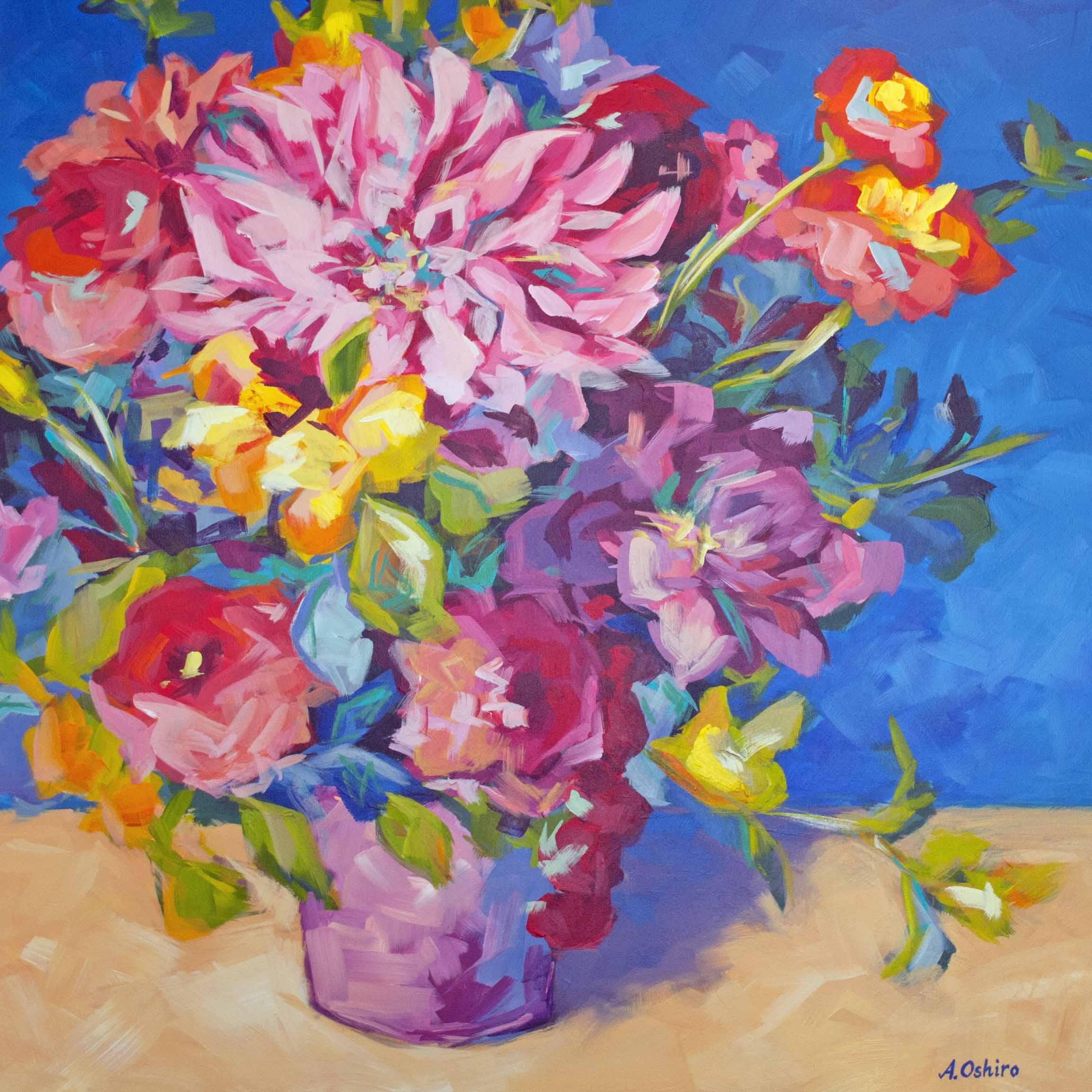 "Merry'', Acrylic Painting of Vase of colourful fresh flowers with blue background, by Ashley Oshiro, Calgary, Alberta, Local Fine Artist, Original Art