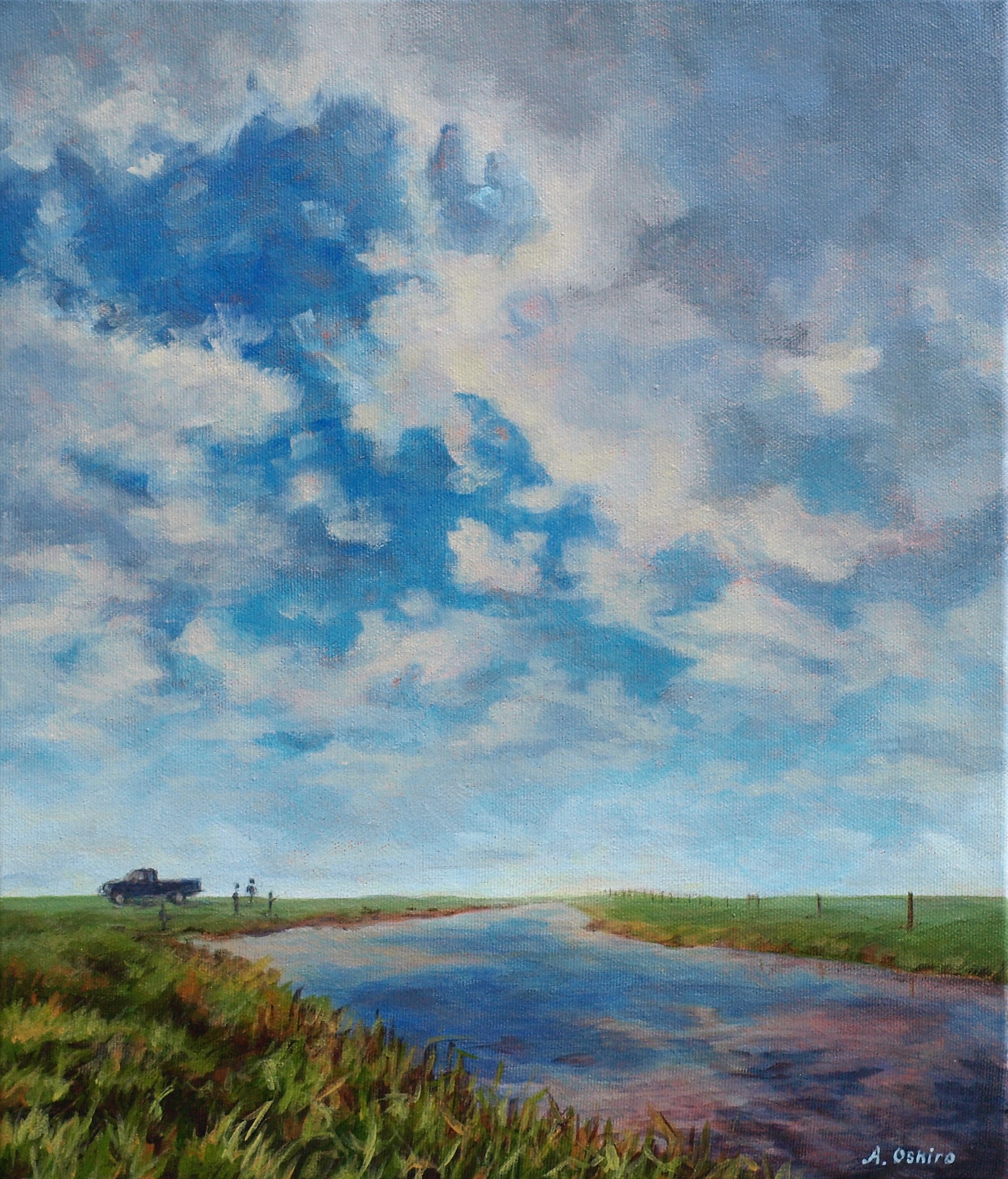 'The Canal' , Acrylic landscape Painting of Alberta fishing spot, truck, clouds and grass, by Ashley Oshiro, Calgary, Alberta, Local Fine Artist, Original Art