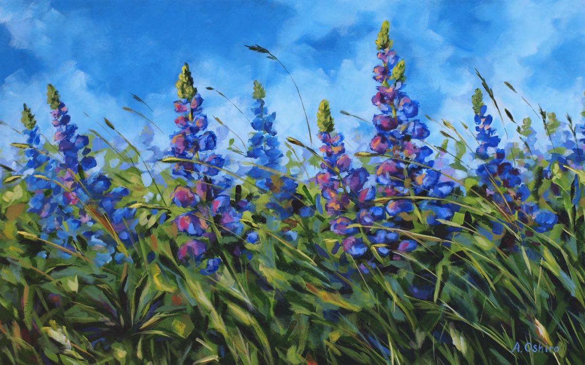 Serenity Acrylic  Painting of Lupine Field in the wind Lupines, blue sky, by Ashley Oshiro, Calgary, Alberta, Local Fine Artist, Original Art