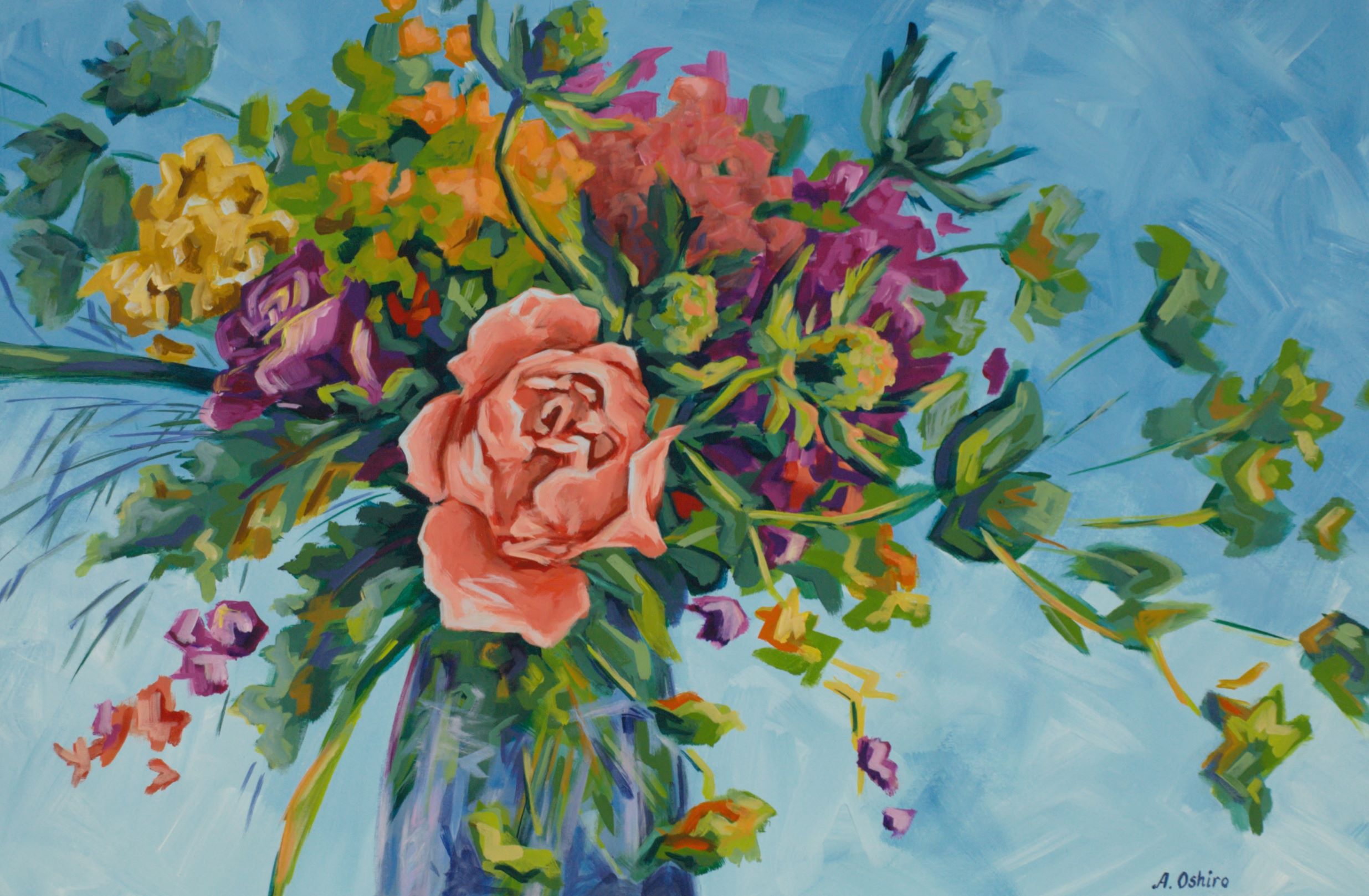 'Light as a Feather Acrylic Painting Colourful floral arrangement in vase.  Coral rose in center.  Light blue background by Ashley Oshiro, Calgary, Alberta, Local Fine Artist, Original Art