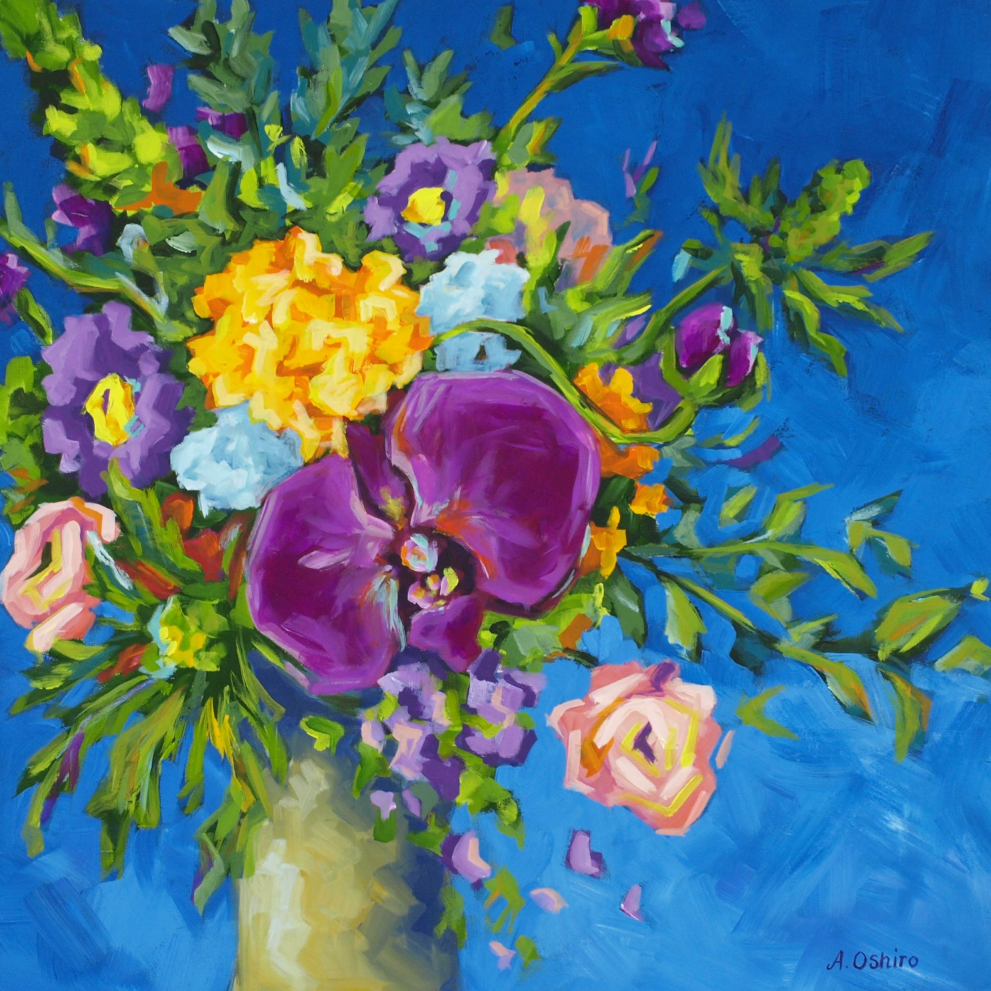 'Royal Acrylic Painting of Colourful floral arrangement in vase.  Fuchsia orchid in center.  Dark blue background by Ashley Oshiro, Calgary, Alberta, Local Fine Artist, Original Art