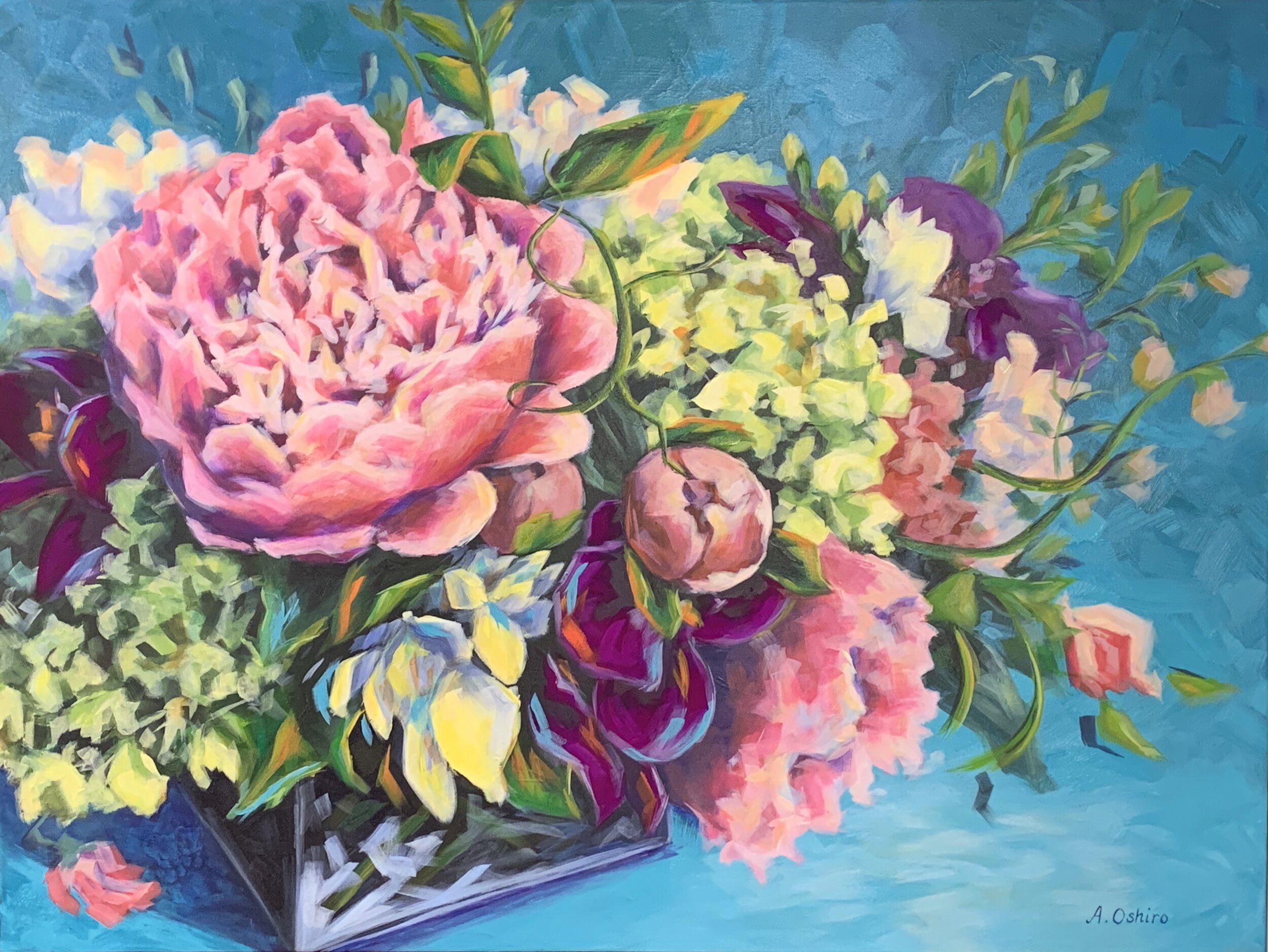 Acrylic Floral Painting of Floral Arrangement Teal Background by Ashley Oshiro, Calgary, Alberta, Local Fine Artist, Original Art