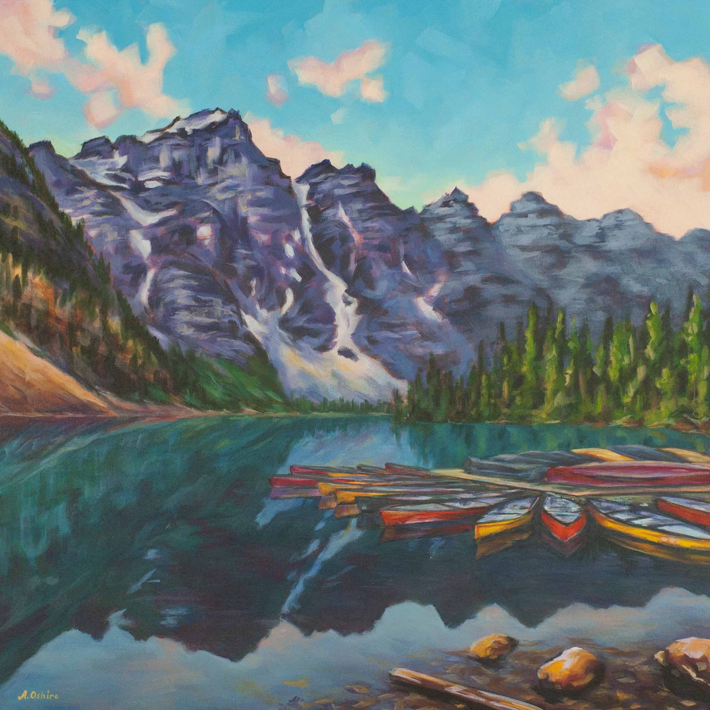 "Moraine Lake" Acrylic Floral Painting of Moraine Lake Alberta Mountain landscape with canoe boats by Ashley Oshiro, Calgary, Alberta, Local Fine Artist, Original Art