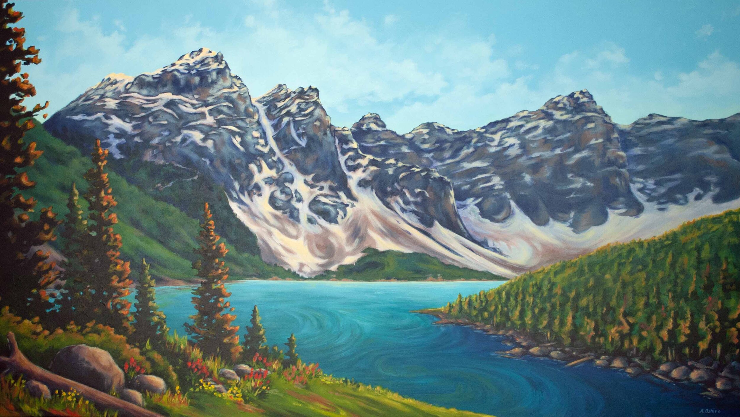 Tranquil Heights Acrylic Landscape Painting Lake Moraine Banff Landscape Mountains Trees Water by Ashley Oshiro, Calgary, Alberta, Local Fine Artist, Original Art