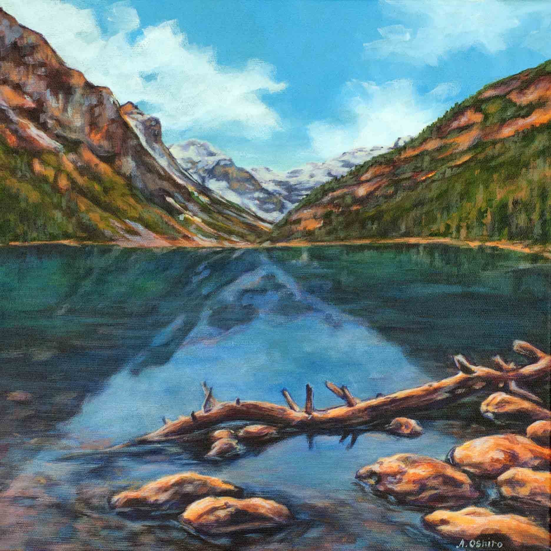 Lake Louise Acrylic Landscape Painting Lake Louise Banff Landscape Mountains Water Log Rocks by Ashley Oshiro, Calgary, Alberta, Local Fine Artist, Original Art