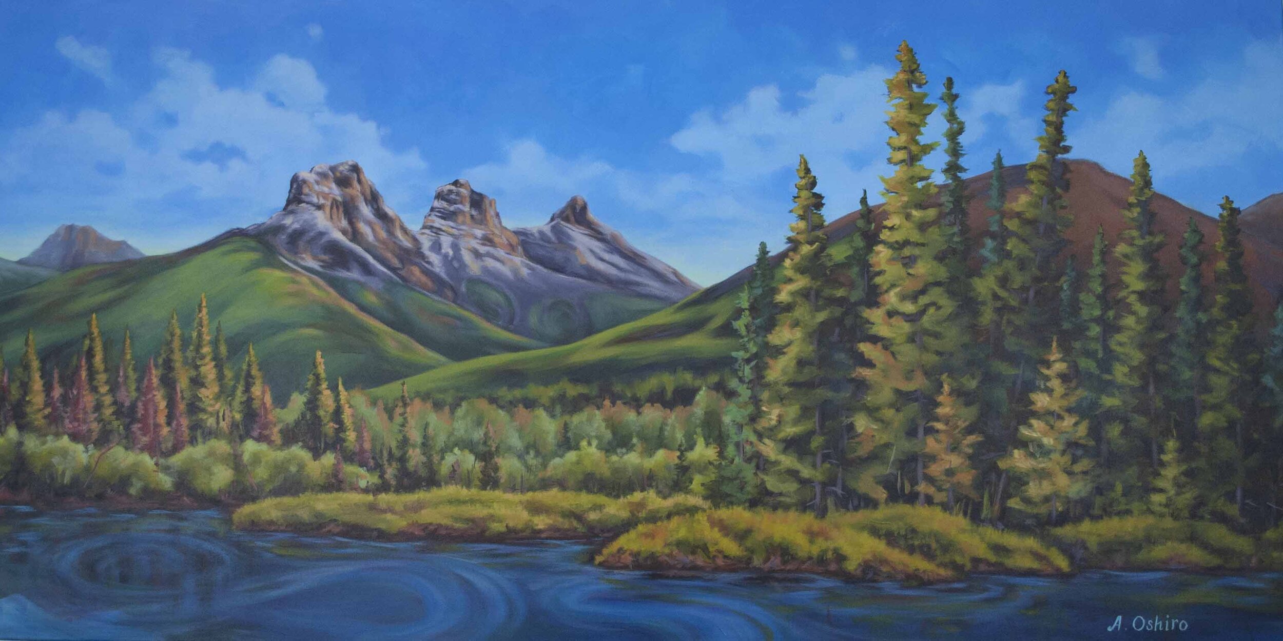 Three Sisters Acrylic Landscape Painting Three Sisters Canmore Landscape Mountains Water by Ashley Oshiro, Calgary, Alberta, Local Fine Artist, Original Art