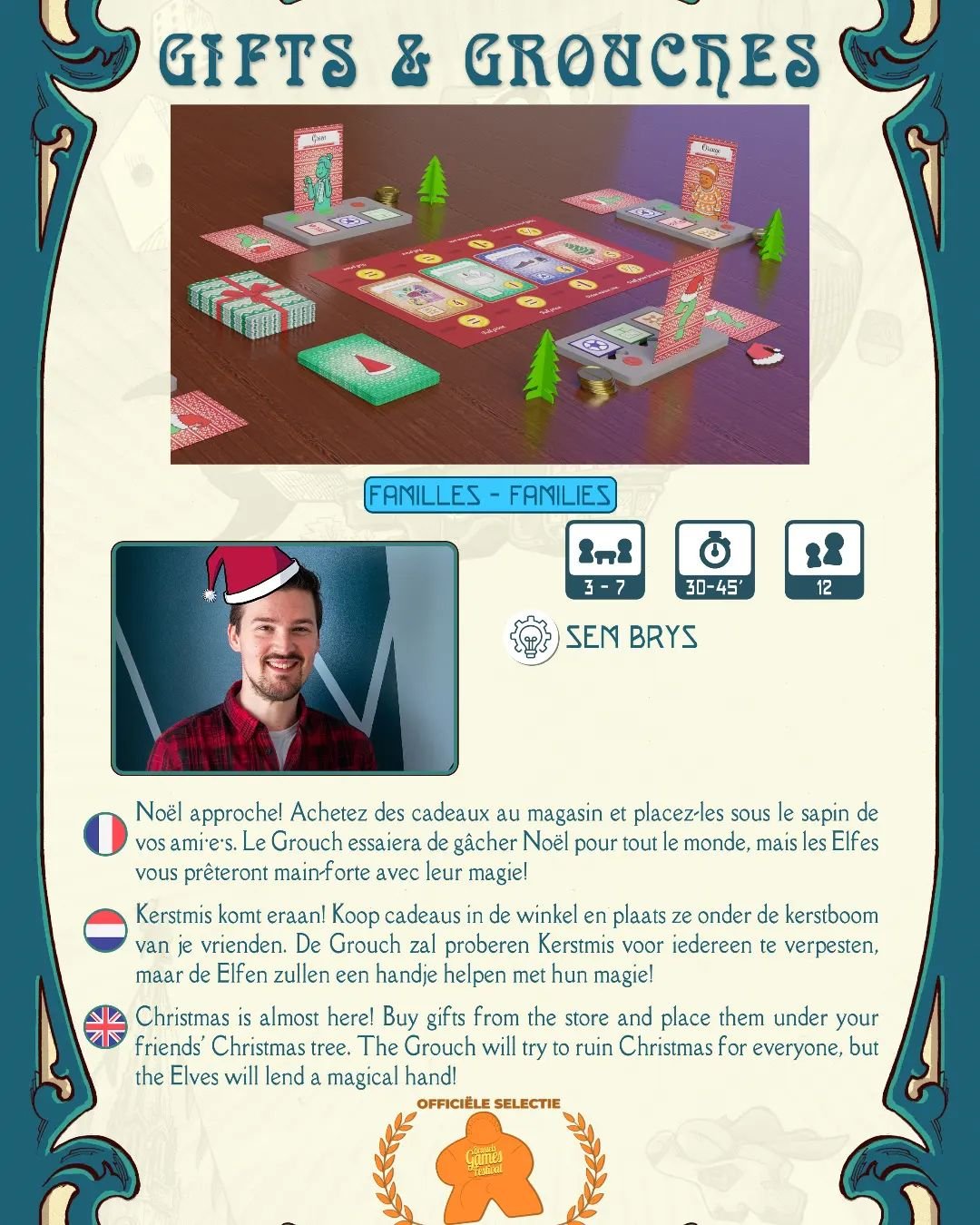 Come and play my boardgame 'Gifts and Grouches' at the @brusselsgamesfestival !

My game, along with 15 others has been selected to participate in the proto-zone.

As the name proto-zone suggest, my game is still a prototype, so it might not look ent