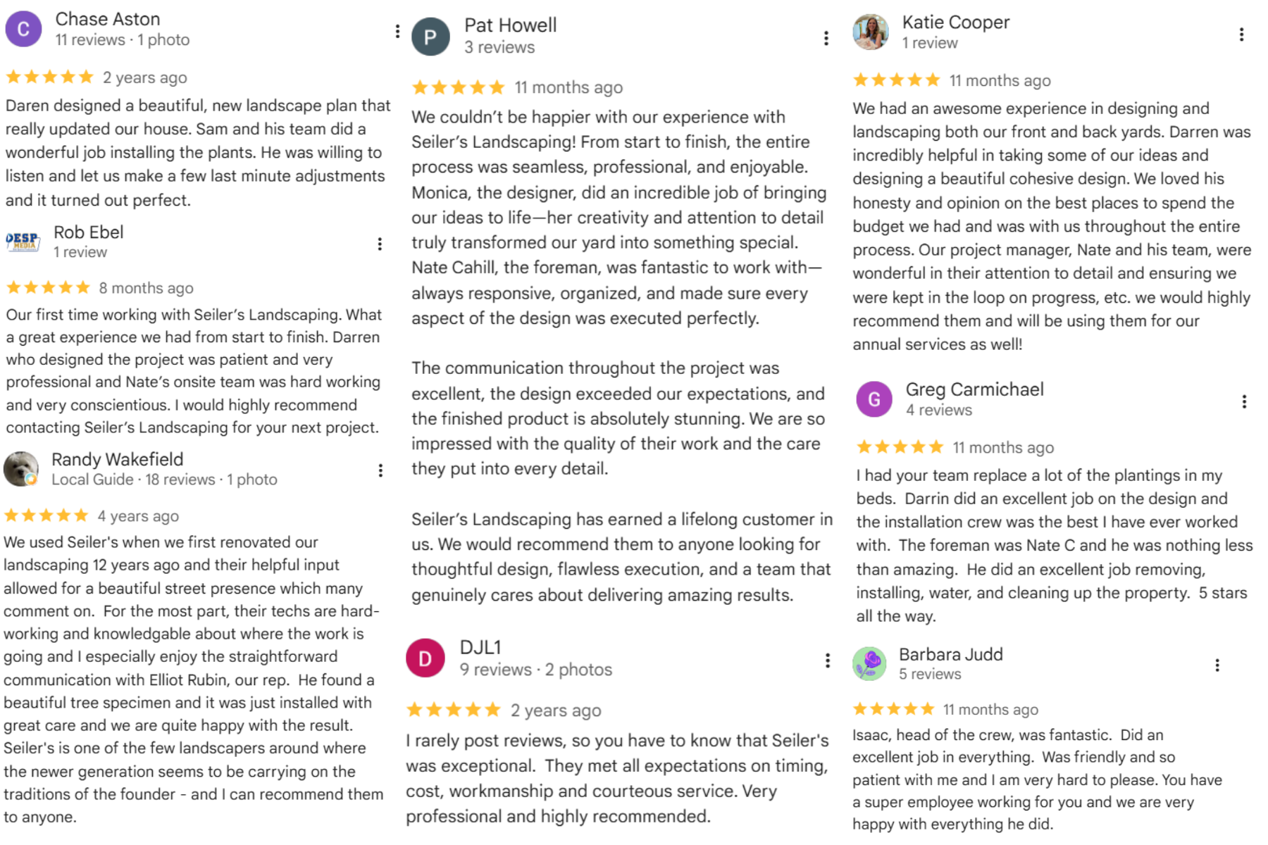 Customer five-star Google reviews and client testimonials for Seiler's Landscaping Located in Cincinnati, Ohio