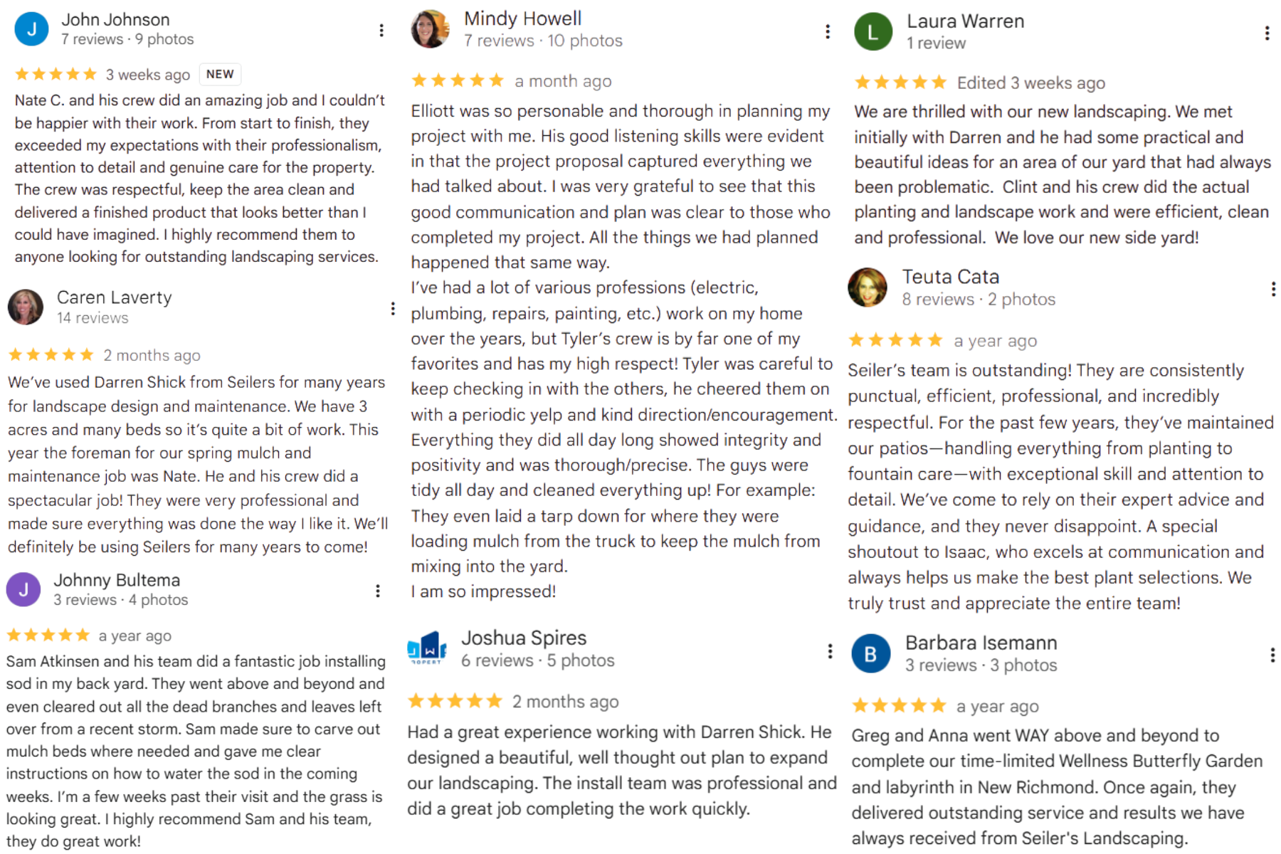 Screenshot of five-star Google reviews and client testimonials for Seiler's Landscaping in Cincinnati, Ohio