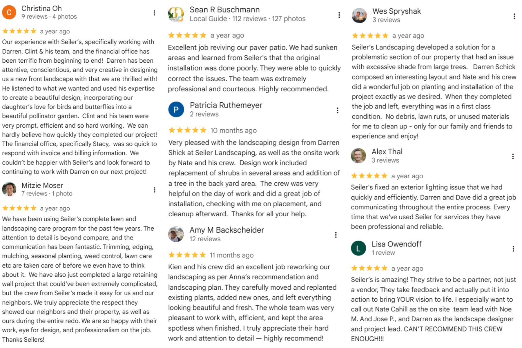 Customer five-star Google reviews and client testimonials for Seiler's Landscaping Located in Cincinnati, Ohio