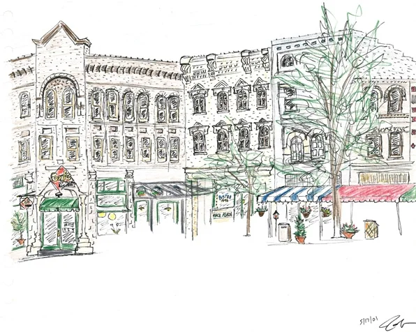 "Pack Square" downtown Asheville in 2001. Pen and colored pencil. Copyright © 2001 - 2019 Jennifer Russ, All Rights Reserved.