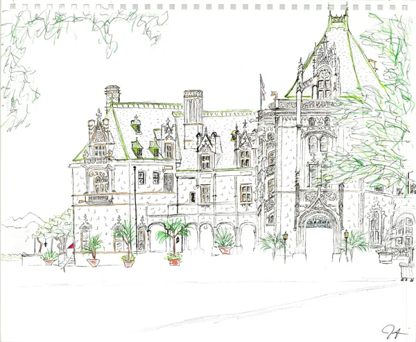 Pen and colored pencil. "Biltmore Estate" Asheville, North Carolina. Undated, but most likely 2001, because the sketch after this one in my notebook was also done on the Biltmore Estate and was dated May 2001. Copyright © 2001 - 2019 Jennifer Russ, All Rights Reserved.