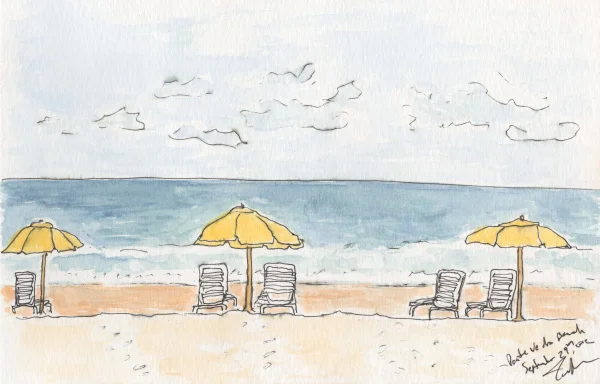 Pen and watercolor. "Beach Chairs" Ponte Vedra, Florida. September 2012. Prints available. Copyright © 2012-2017 Jennifer Russ, All Rights Reserved. 