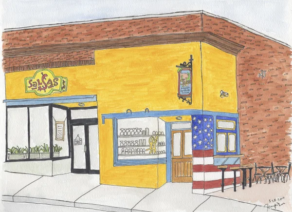 Pen and watercolor. Salsas in downtown Asheville. May 2017. Prints available. Copyright © 2017 Jennifer Russ, All Rights Reserved. 