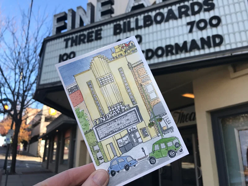 My postcard of Asheville's Fine Arts Theatre is now available at Moonlight Makers , Mtn Merch, located in Biltmore Village, at Dolce Vita in Downtown Asheville, at Downtown Books & News , at the next Show & Tell Pop Up , and from me!