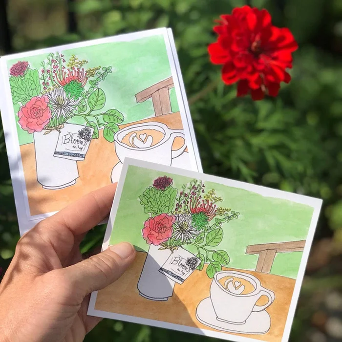 Postcards and notecards of my pen and watercolor drawing of flowers from Blooms on Tap and my latte from Liberty House can now be purchased from Blooms on Tap! I will also have some of these postcards at the next Show and Tell Pop Up Shop.