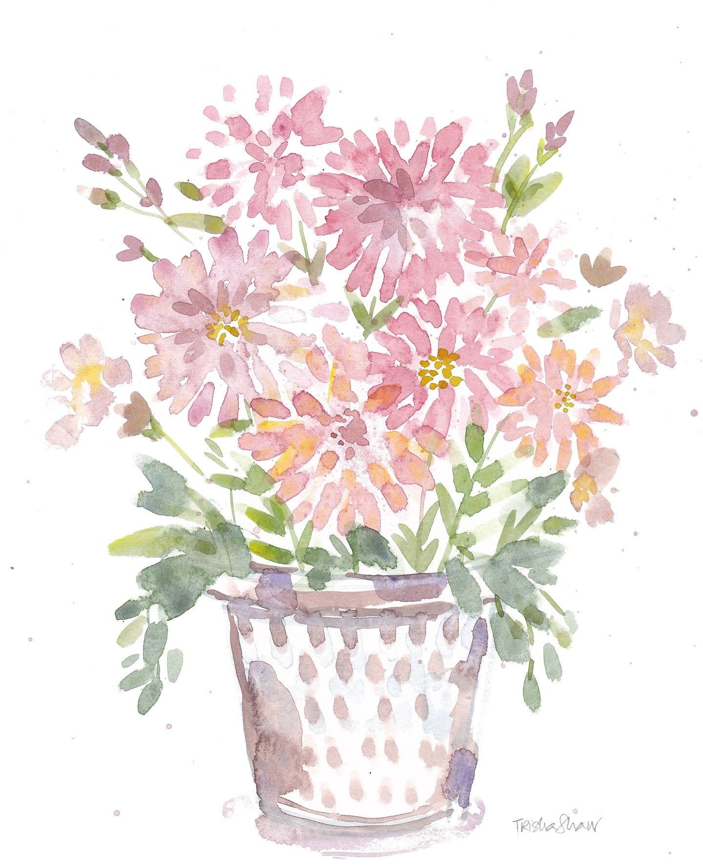 this pastel pink painting was created mainly with the repetition of shapes. 🌸the petals + leaves are just the placement of the loaded brush pressed lightly onto the paper. dip, press + repeat. an enjoyable &amp; easy practice! 🌸😊