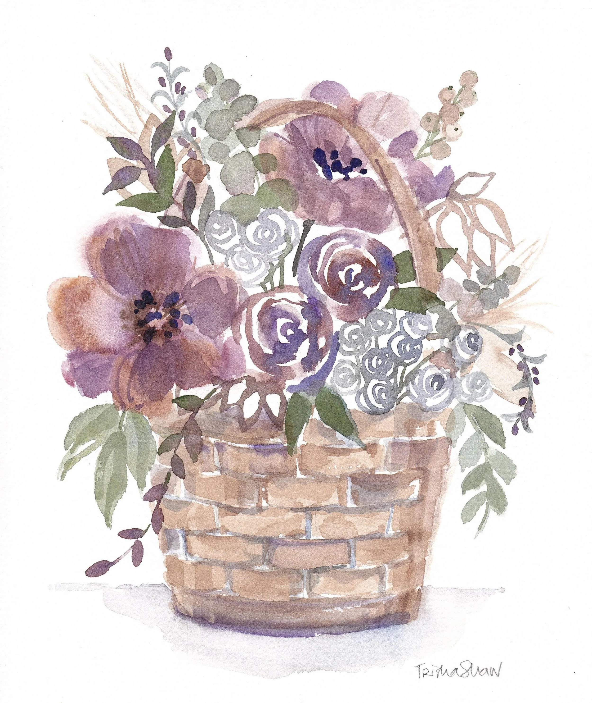 a muted palette of soft blooms gathered in a basket💜🤍💚🤎