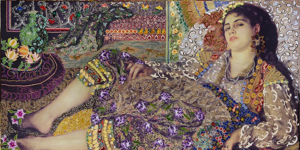 On Victorian and Oriental women: no. 4, Renoir, printed denim, painted with embroidery, 60 x 120 cm