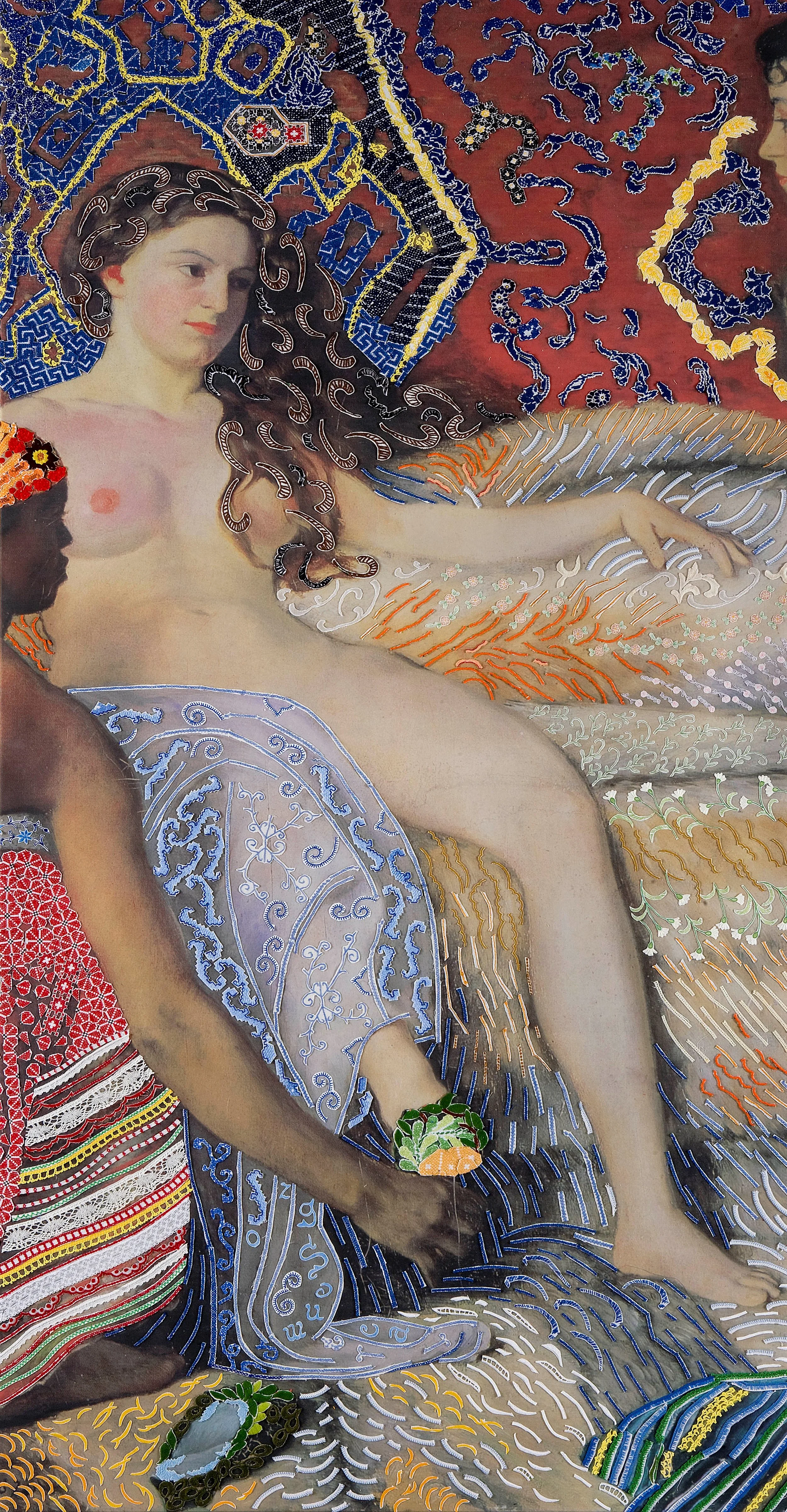 No. 7 Bazille, printed denim, decorated with emdroidery, 260 x 130 cm