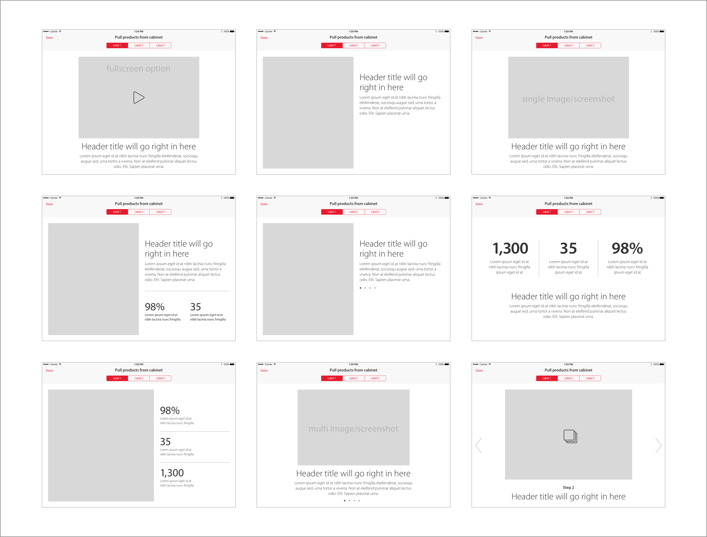 Examples of page types we provided to the client while they were finalizing their content. We also provide detailed specs including character counts, optimal video sizes, and image dimensions/resolution.