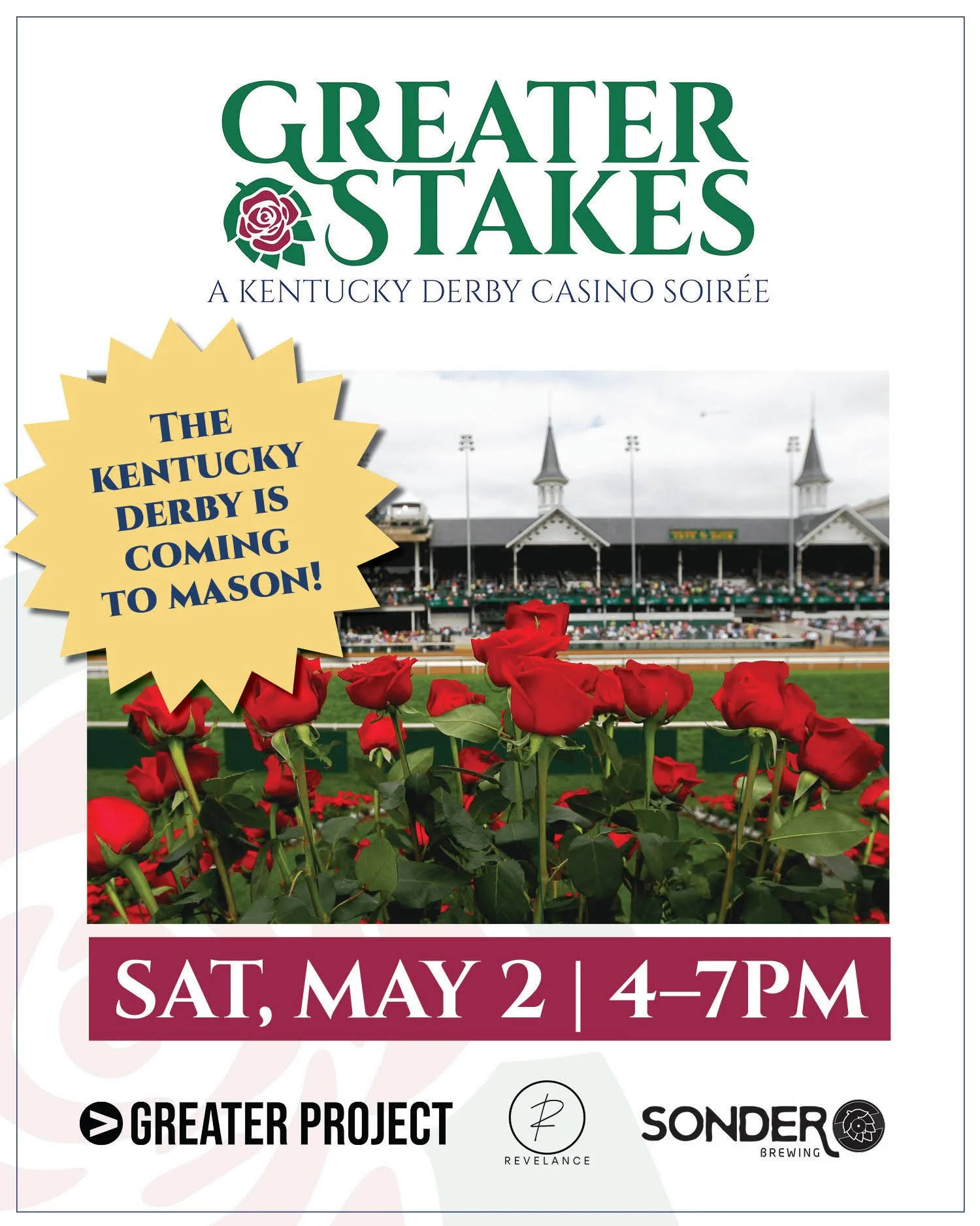 The Kentucky Derby is coming to Mason. 🐴🌹
MAY 2ND &ndash; Greater Stakes: A Kentucky Derby Casino Soir&eacute;e

ENJOY...
-Welcome cocktails
- Derby-themed appetizers &amp; desserts
- Live entertainment by the Brandon Coleman Jazz Trio
- Derby view