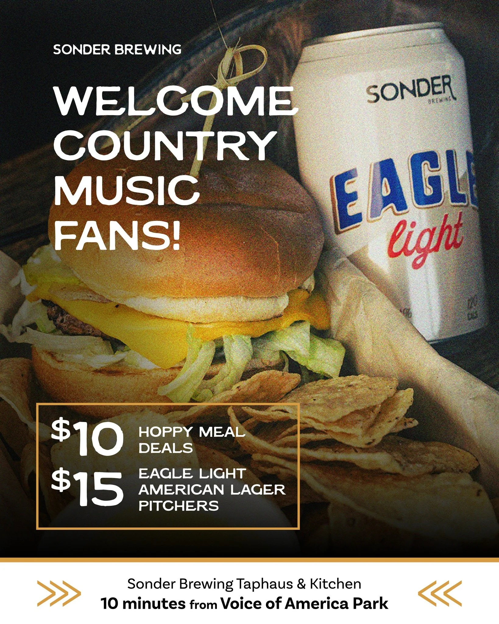 Country music fans, you've found your spot. 🤠
✔ Ice cold AC
✔ TVs
✔ Covered patio
✔ $15 Eagle Light Pitchers
✔ $10 Hoppy Meal Deal | Mon&ndash;Fri 11AM&ndash;2PM
✔ Open Late

Come on in and stay awhile. 🍺

 #sonderbrewing #hoppymeal #countrymusic  